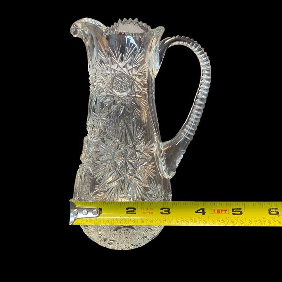Vintage Cut Crystal Glass Pitcher Intricate Starburst Design & Ribbed Handle - Picture 3 of 13